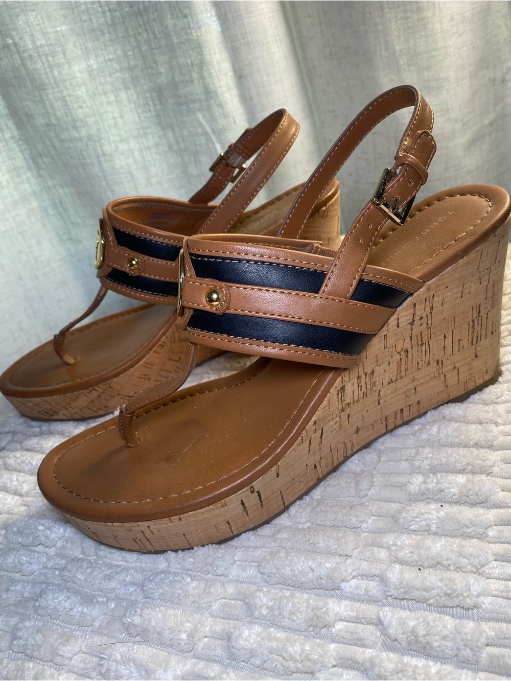 Tommy Hilfiger Black Tan Faux Leather & Cork Wedge Slingback Manne Thong Sandals - Picture 5 of 12